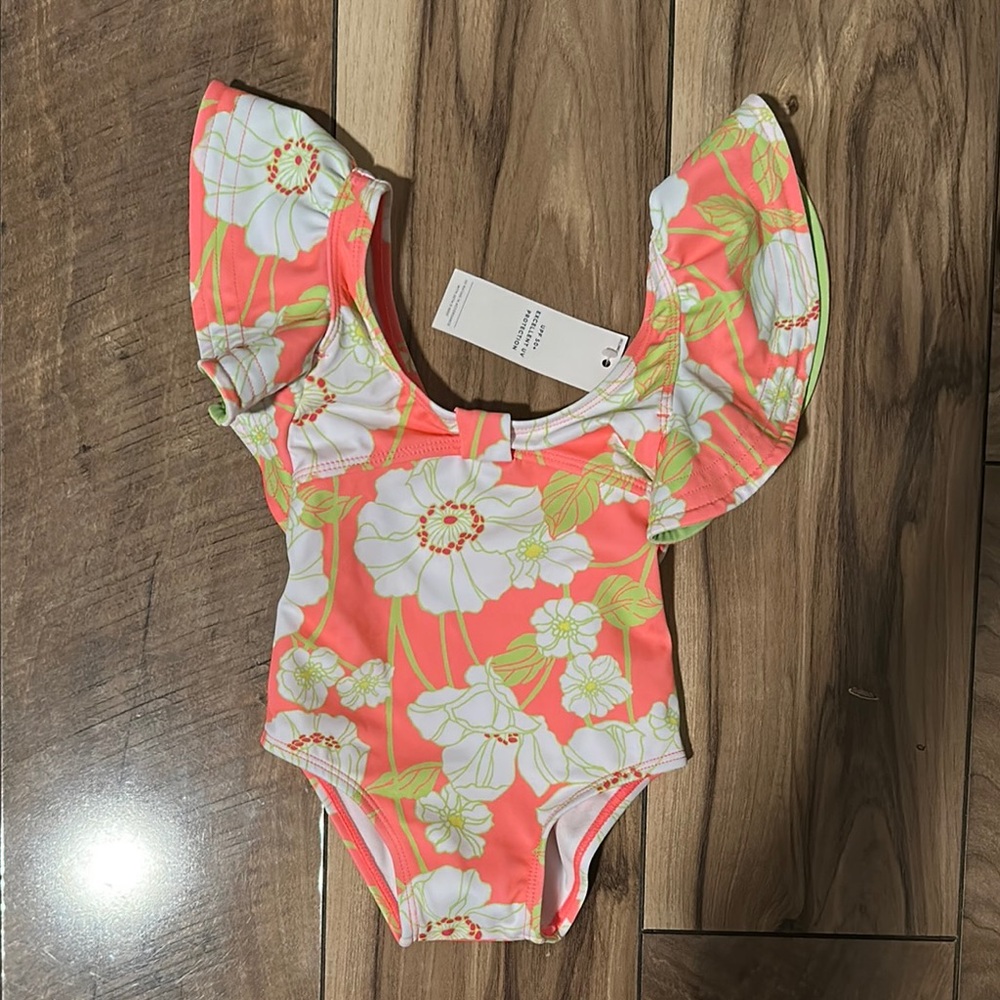 Janie and Jack Pink Floral Swimsuit with Ruffle Sleeves